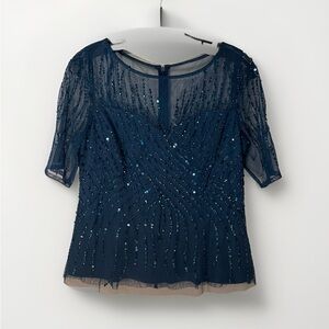 Adrianna Appel Cocktail Wedding Navy Blue Beaded Top Size 8 Overlay Sheer formal